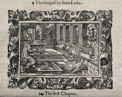 Saint Luke, writing his gospel. Woodcut by J. Lucius after Virgil Solis.