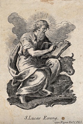 Saint Luke, writing his gospel. Etching.