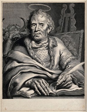 view Saint Luke, writing his gospel. Engraving after C. Visscher.