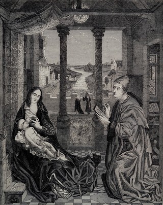 Saint Luke drawing the portrait of the Virgin. Wood engraving after R. van der Weyden.