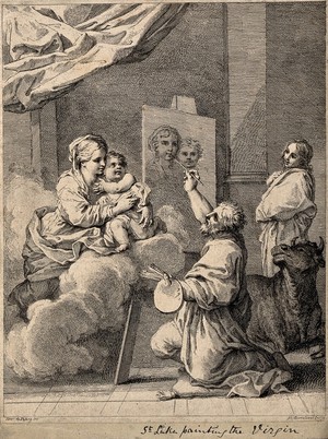 view Saint Luke painting a picture of the Virgin and Christ Child. Etching by F. Bartolozzi after S. Cantarini.