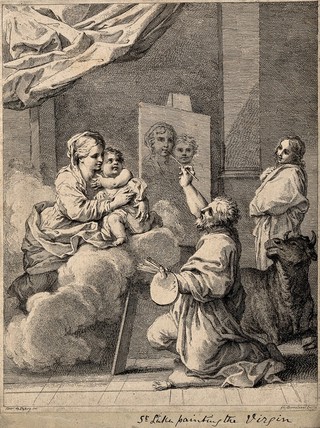 Saint Luke painting a picture of the Virgin and Christ Child. Etching by F. Bartolozzi after S. Cantarini.