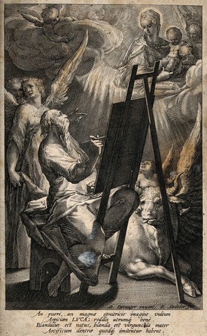 view Saint Luke, painting a picture of the Virgin. Engraving by R. Sadeler after B. Spranger.