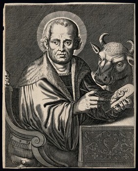 Saint Luke, painting a picture of the Virgin. Engraving by W. Faithorne after P. de Jode.