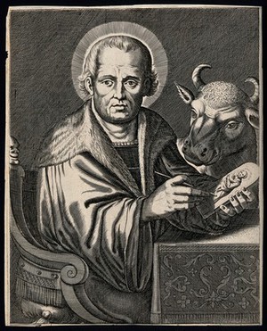 view Saint Luke, painting a picture of the Virgin. Engraving by W. Faithorne after P. de Jode.