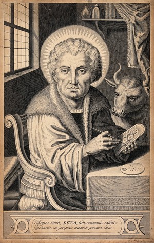 view Saint Luke, painting a picture of the Virgin. Engraving by G. van Gucht after P. de Jode.