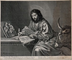 view Saint Luke. Engraving by G. Rousselet after Valentin de Boulogne.