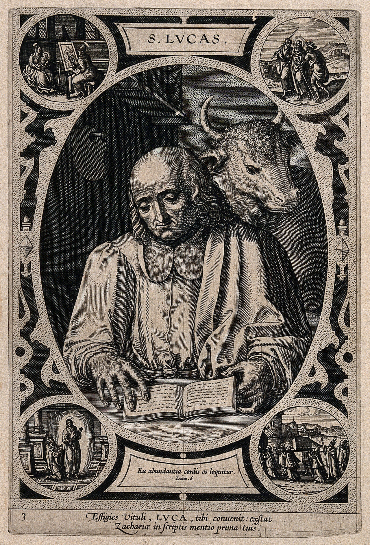 Saint Luke, reading an oblong book. Engraving., by Cornelis Kiliaan
