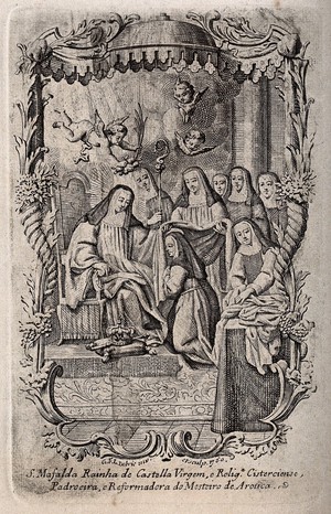 view The Blessed Mafalda, Queen of Castile, enthroned and surrounded by other Cistercian nuns. Engraving by G.F.L. Debrie, 1750.