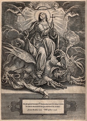 view Saint Margaret: with the aid of the Holy Cross she crushes a dragon and receives the rewards of martyrdom. Engraving by H. Wierix after J. Stradanus.