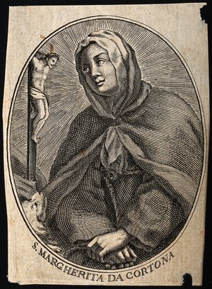 view Saint Margaret of Cortona. Line engraving.