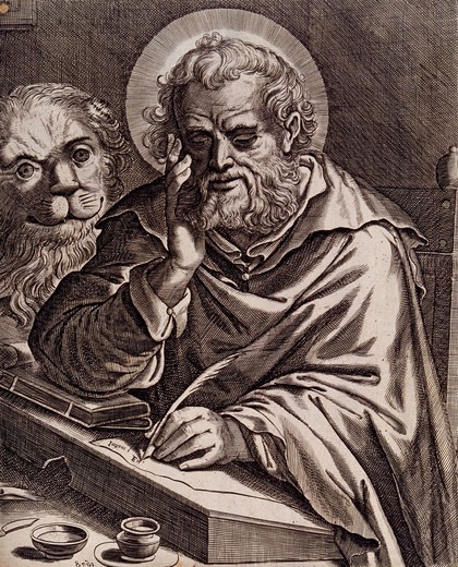 Saint Mark, beginning the writing of his gospel. Engraving after P. de Jode the elder.