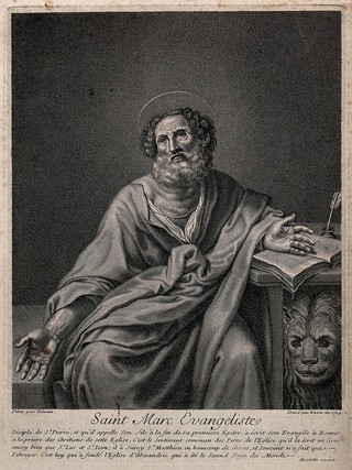 Saint Mark. Line engraving by N. Bazin, 1704, after Valentin de Boulogne.