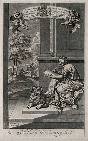 Saint Mark, writing his gospel. Engraving by F.H. van Hoven after G. Freman.