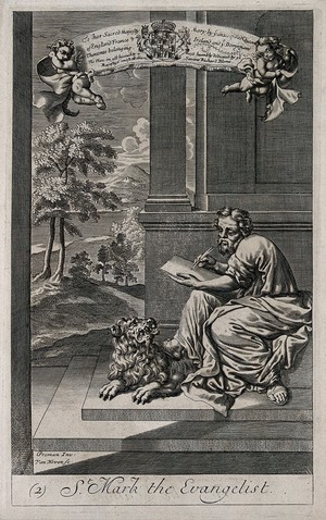 view Saint Mark, writing his gospel. Engraving by F.H. van Hoven after G. Freman.