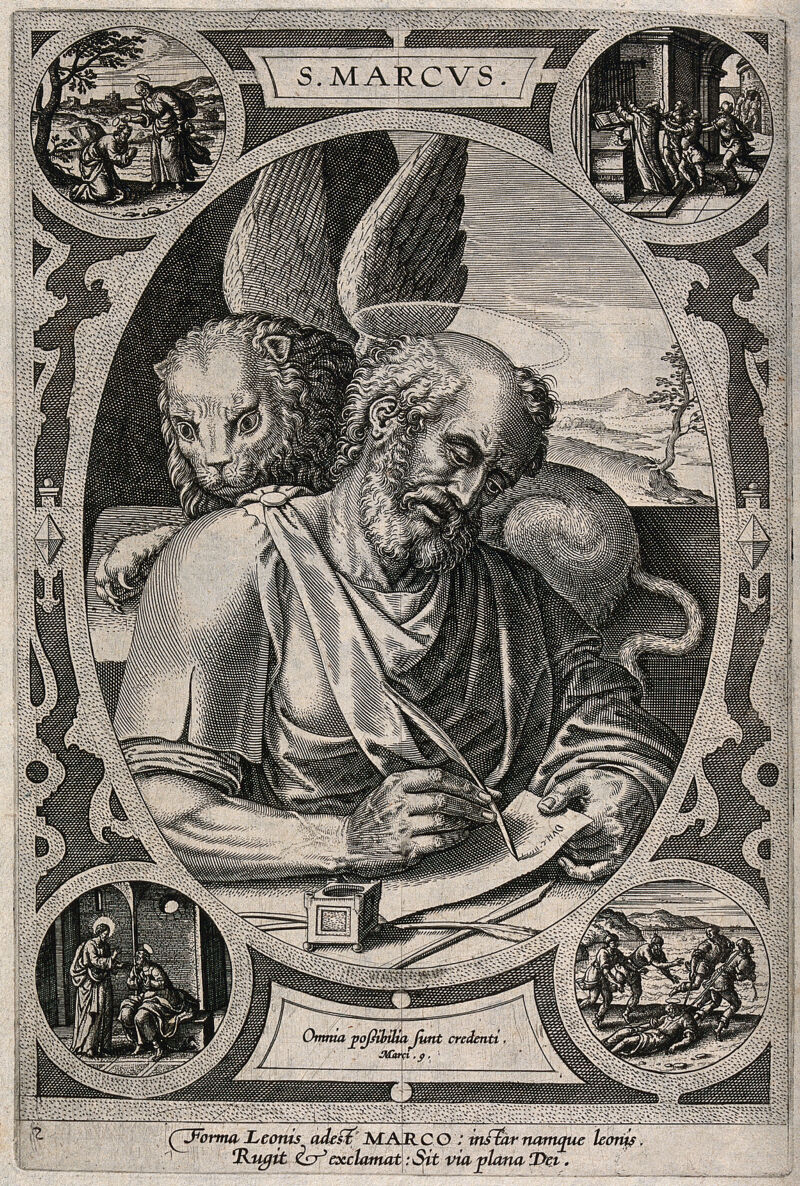 Saint Mark, writing his gospel. Engraving., by Cornelis Kiliaan