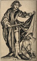 view Saint Martin of Tours: he divides his cloak with a poor man. Etching after M. Schongauer.