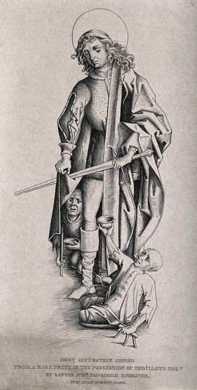 Saint Martin of Tours: he cuts a piece of his cloak for a man with impaired legs. Etching by R. Sawyer.