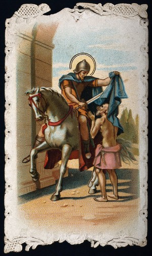 view Saint Martin of Tours: he cuts his cloak to give part to a half-naked man. Colour lithograph.