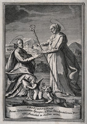 Saint Peter sending Saint Martianus to Syracuse. Engraving.