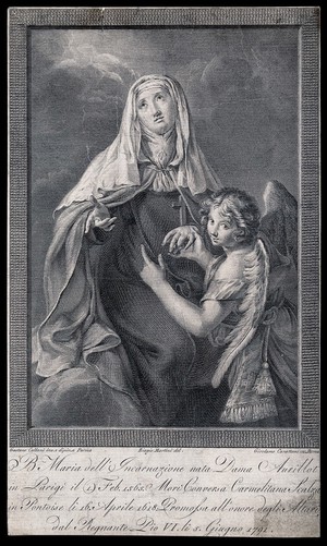 view The blessed Mary of the Incarnation. Engraving by G. Carattoni after B. Martini after G. Callani.