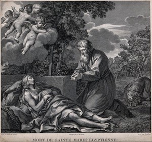 view Saint Mary of Egypt: her dead body is discovered by Saint Zosimas and a lion. Etching by Levillain after G.B. Wicar after Pietro Berrettini da Cortona.