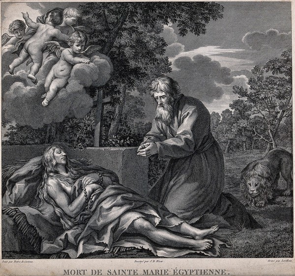 Saint Mary of Egypt: her dead body is discovered by Saint Zosimas and a lion. Etching by Levillain after G.B. Wicar after Pietro Berrettini da Cortona.