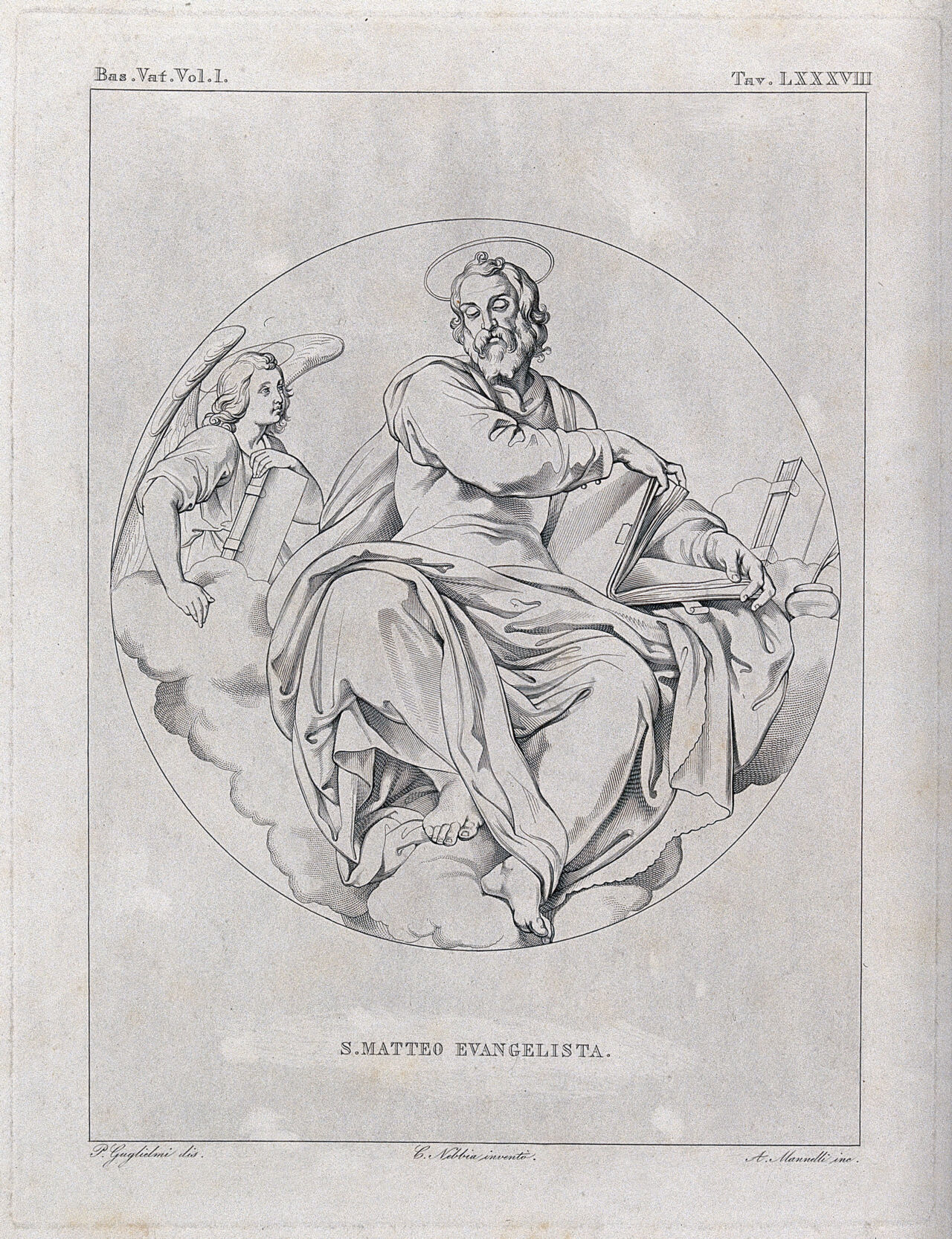 Saint Matthew. Etching by A. Mannelli after P. Guglielmi after C. Nebbia., 1800-1899, by Cesare Nebbia