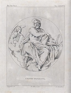 view Saint Matthew. Etching by A. Mannelli after P. Guglielmi after C. Nebbia.