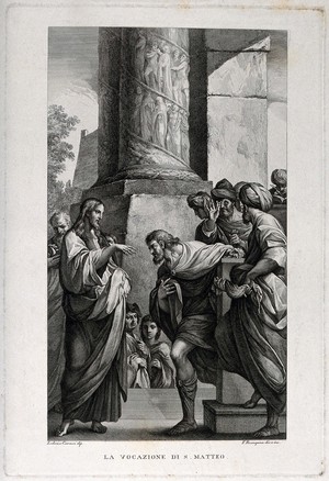 view Saint Matthew: he is summoned by Christ. Etching by F. Rosaspina after L. Carracci.