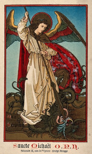 view Saint Michaël the Archangel. Colour lithograph.