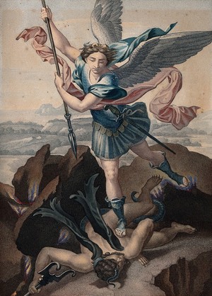 view Saint Michael the Archangel. Colour stipple engraving by C.J. Pomel, 1818, after Raphael.