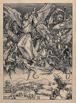 view Saint Michael the Archangel. Woodcut by W. Ottley (?) after A. Dürer.