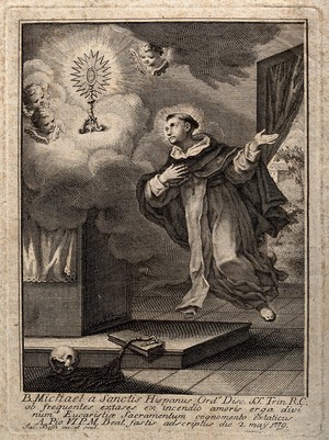 view Saint Michael of Sanctis: he experiences ecstasy before the sacrament of the Eucharist. Engraving by J. Bossi after himself.
