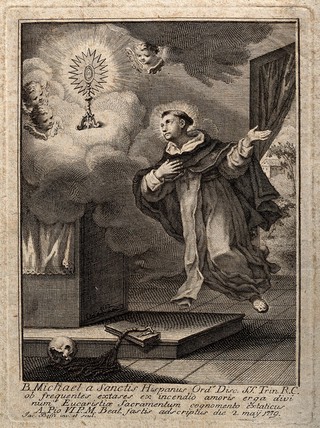 Saint Michael of Sanctis: he experiences ecstasy before the sacrament of the Eucharist. Engraving by J. Bossi after himself.