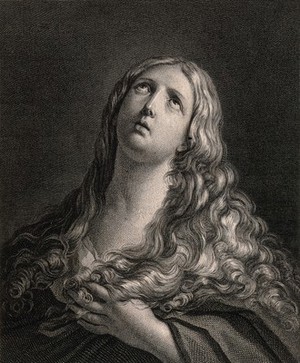 view Saint Mary Magdalen. Line engraving by J. Bouillard after I.J. van den Berghe after G. Reni.