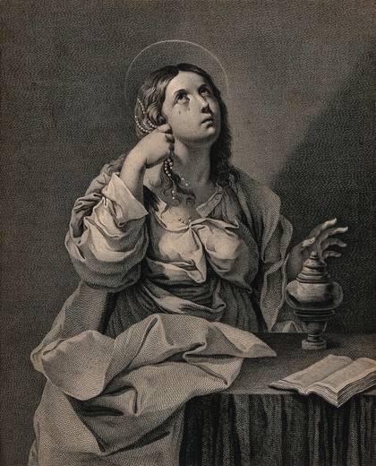 Saint Mary Magdalen. Line engraving by R. Strange, 1753, after G. Reni.