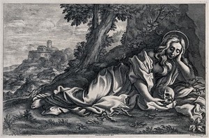 view Saint Mary Magdalen in penitence, contemplating a skull. Etching by T. Vercruys after C. Sacconi after a painting attributed to M. Merisi da Caravaggio.