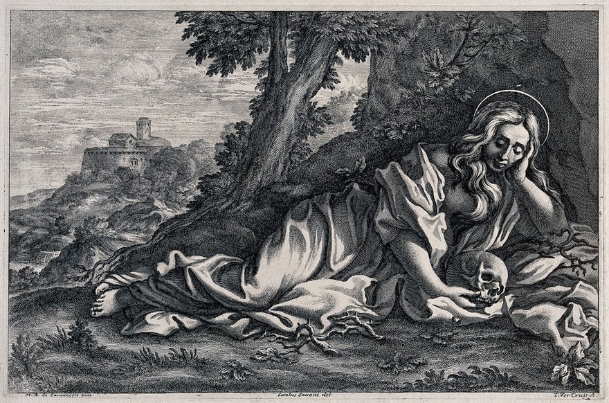 Saint Mary Magdalen in penitence, contemplating a skull. Etching by T. Vercruys after C. Sacconi after a painting attributed to M. Merisi da Caravaggio.
