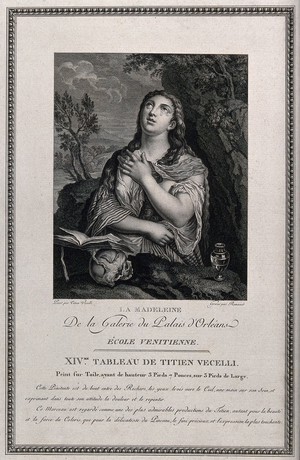 view Saint Mary Magdalen. Engraving by A.L. Romanet after Titian.