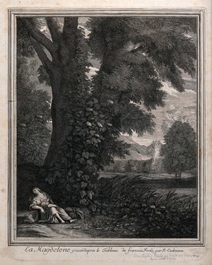 view Saint Mary Magdalen in a landscape. Engraving by J. Coelemans after J.B ("François") Forest.