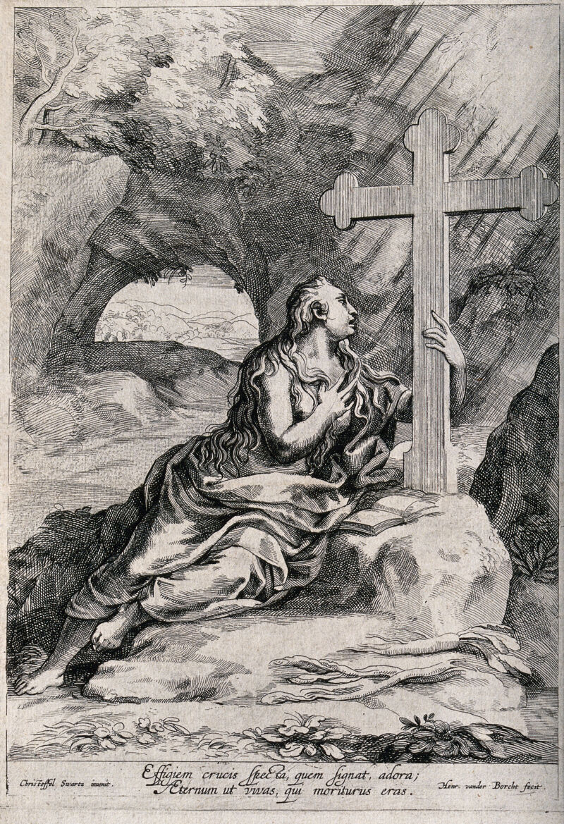 Saint Mary Magdalen. Etching by H. van der Borcht after C. Schwartz., 1600-1699, by Christoph Schwarz