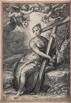 view A woman holding the cross and the chalice, representing faith. Engraving by J. Saenredam, 1601, after H. Goltzius.