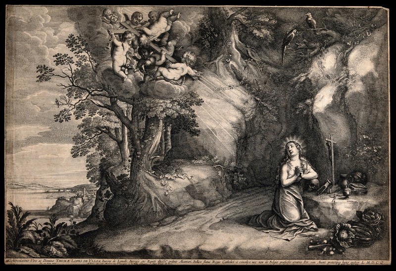 Saint Mary Magdalen. Etching by W. Hollar after P. van Avont., 1600-1699, by Pieter van Avont