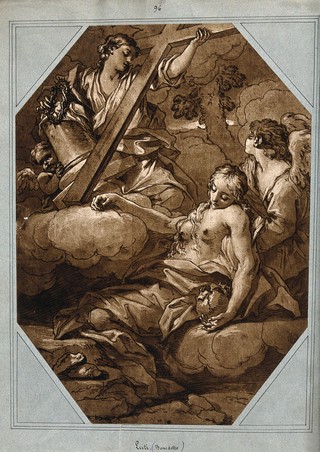 Saint Mary Magdalen, fainting or dying, supported by an angel. Photograph after B. Luti.