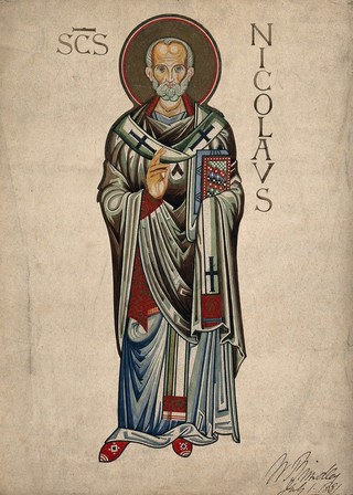 Saint Nicholas of Myra and Bari. Watercolour painting by W. Brindley, 1881.