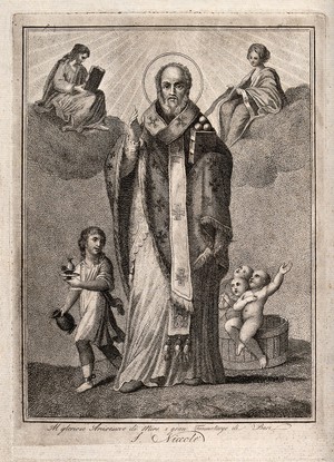 view Saint Nicholas of Myra and Bari. Stipple engraving.
