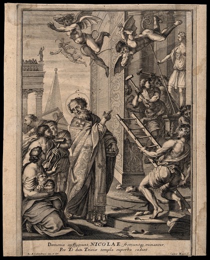 Saint Nicholas of Myra and Bari: devils flee the temple of Artemis at Myra as he orders the destruction of her statue. Engraving by G. Massi after G.B. Calandrucci.
