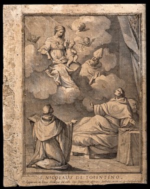 view Saint Nicholas of Tolentino. Line engraving after J. Pavia.