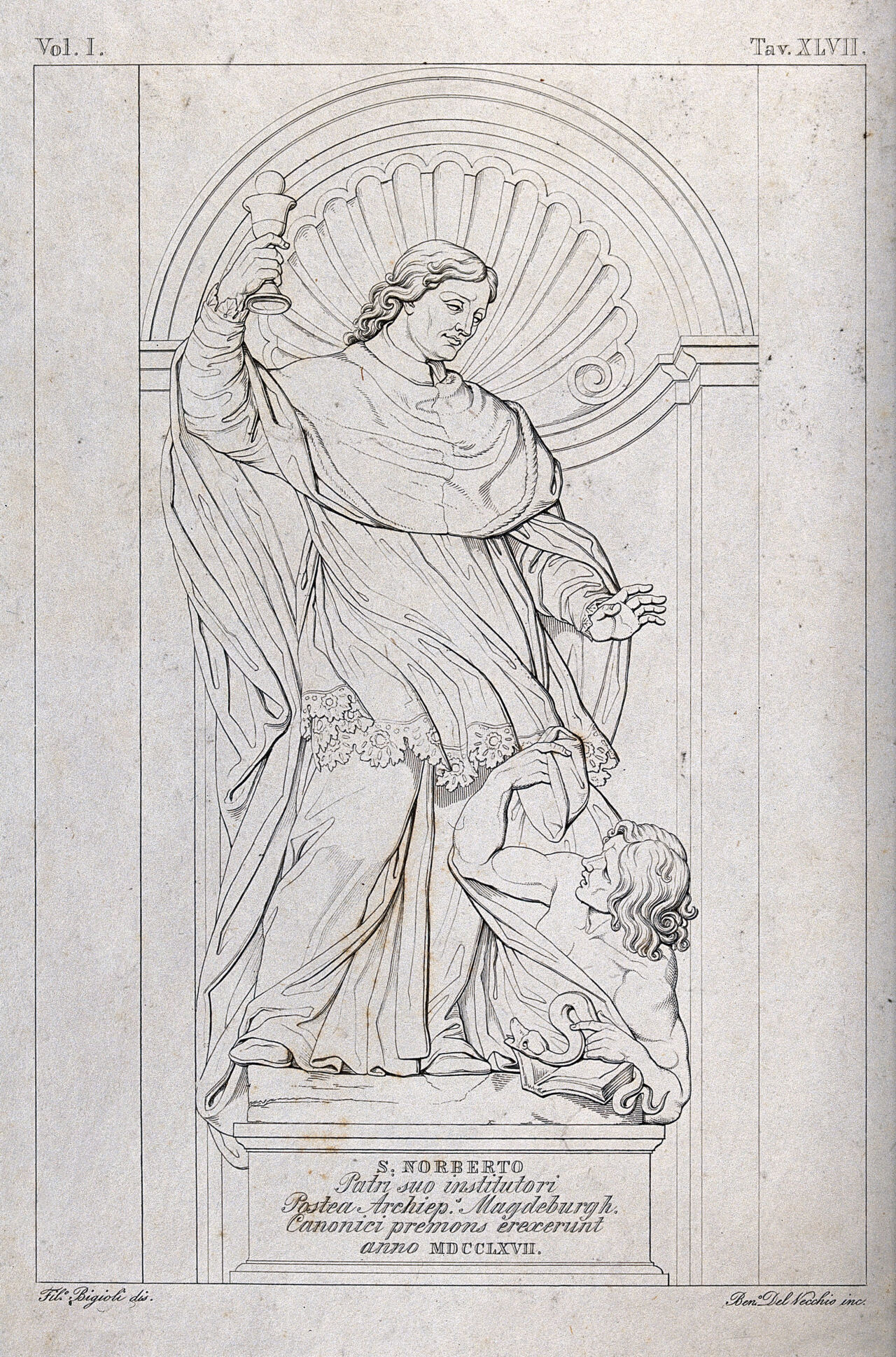 Saint Norbert. Etching by B. Del Vecchio after F. Bigioli after P. Bracci, 1767., by Pietro Bracci